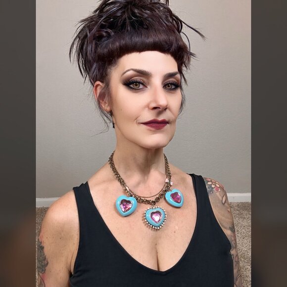 Betsey Johnson Jewelry - Betsey Johnson Hearts & Bows Necklace Chunky Pink & Blue with Gold Choker Boho